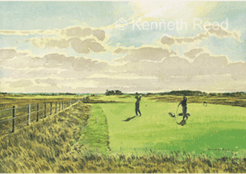 Open edition print of the 6th hole on Carnoustie golf course from an original painting by Kenneth Reed