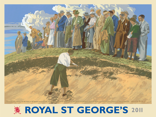 Henry Cotton playing the 8th 1934 Open from a painting by Ken Reed